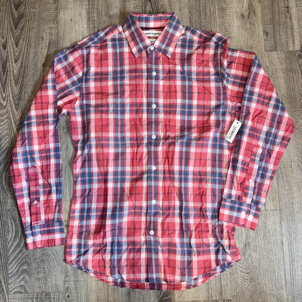Amazon Essentials Men’s XS Red Blue Plaid Long Sleeve Button Down Shirt NWT